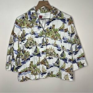 Jennifer Moore 100% Linen Button Blouse Size 10P Coastal Resort Beach White